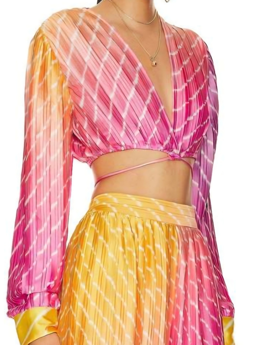 Rococo Sand Pink and Yellow Tie-Dye Wrap Crop Top